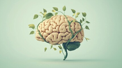 Fototapeta premium Brain with growing vines wrapping around it, on a flat soft green background.