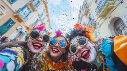 Fototapeta premium Colorful carnival celebration with three young caucasian women in festive costumes and masks.