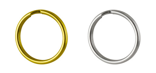 Set of Metal and gold key ring isolated on white background. Wind-up Keychain - Single object. Close-up, studio shot..