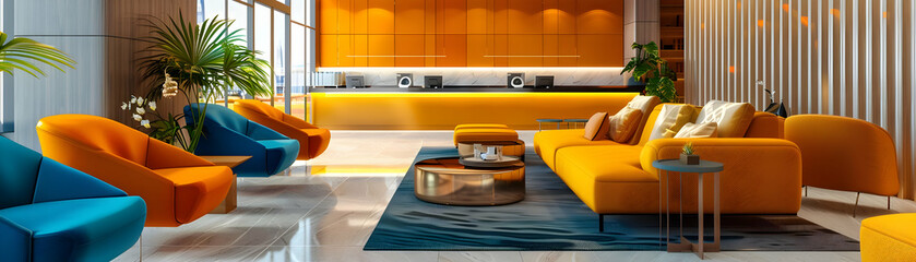 Fototapeta premium 3D Rendering: Vibrant Orange and Teal Modern Lobby with Comfortable Seating and Stylish Decor