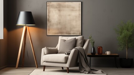 A modern living room with a gray armchair and floor lamp against a beige wall, featuring a large blank poster frame for customization.
