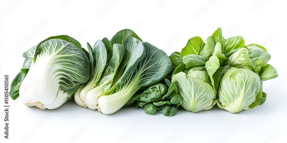Poster fresh bok choy and cabbage displayed in isolation on a white background, showcasing the vibrant fres
