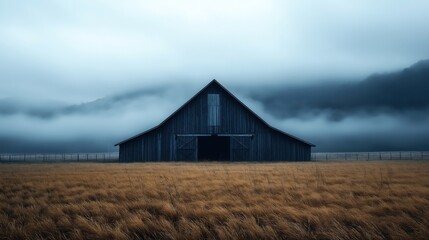 Fototapeta premium An isolated wooden barn in the middle of a golden field under a foggy sky, with surrounding mountains partially obscured by mist, creating a moody and serene rural landscape.