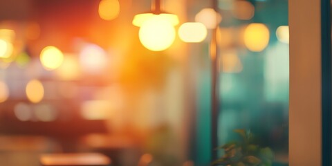 Defocused abstract background showcasing the vibrant ambiance of a cafe, with soft colors and blurred details that evoke the cozy atmosphere of a cafe setting. Perfect for cafe themed designs.