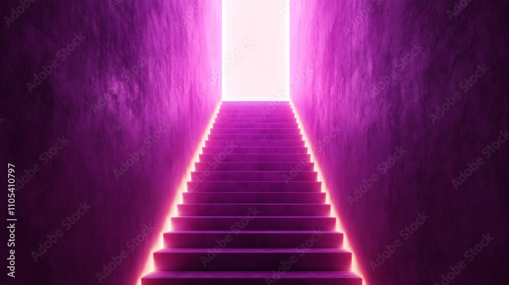 Poster glowing purple staircase leading to a bright light in an empty room with textured walls, creating a 