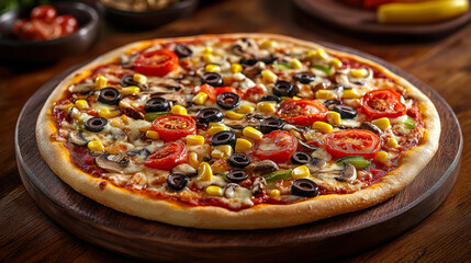 Delicious vegetable pizza topped with fresh tomatoes, olives, mushrooms, and corn on a wooden table in a cozy dining setting