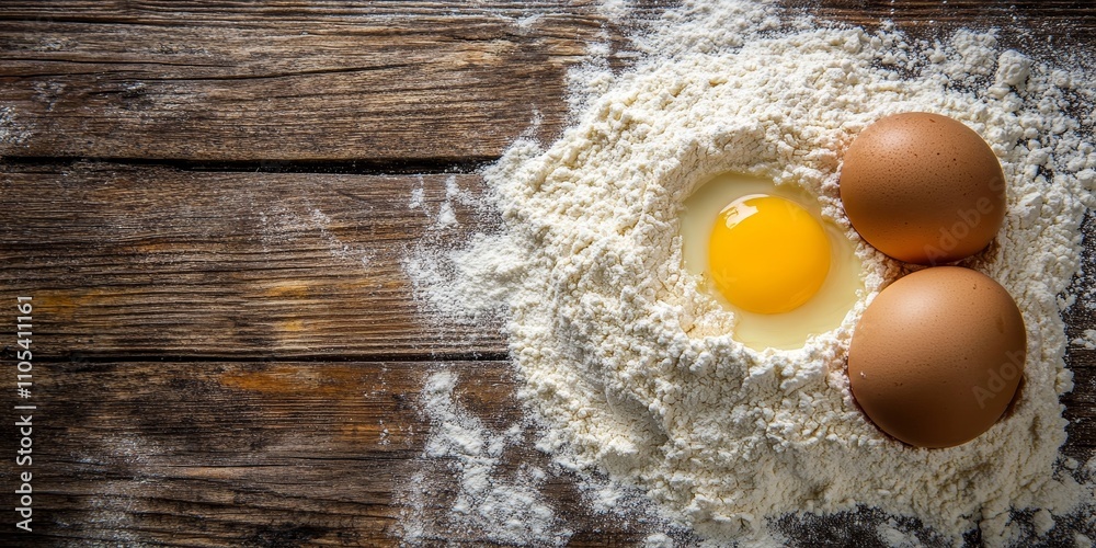 Poster flour and eggs arranged thoughtfully on a rustic wooden background, highlighting the essential ingre