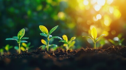 Young Plant Growth Sequence in Garden with Sunlight Background, Step-by-Step Sprouting for Ecology Concept, Green Nature Banner with Copy Space
