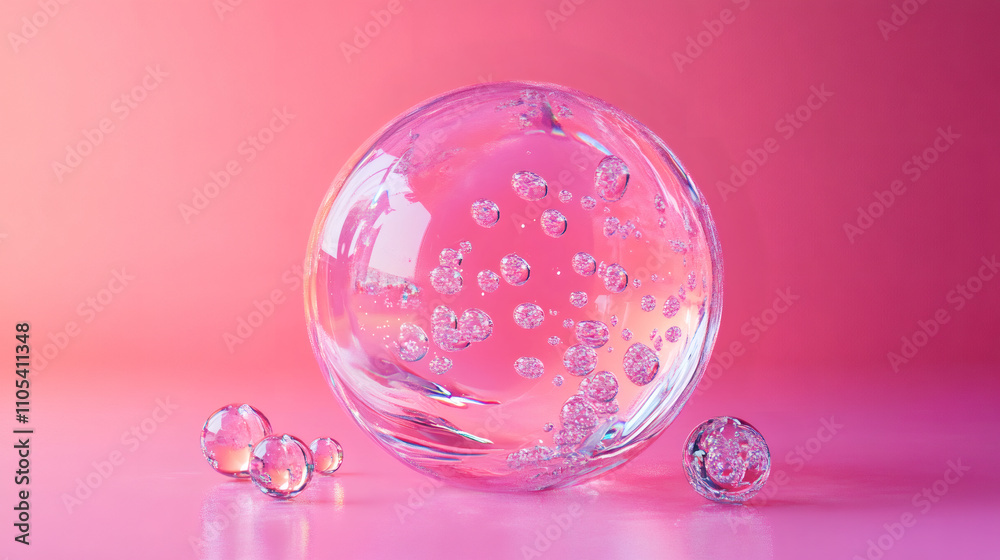 Poster 3d render of transparent bubbles floating on a reflective pink surface with a gradient background, creating a clean and modern aesthetic