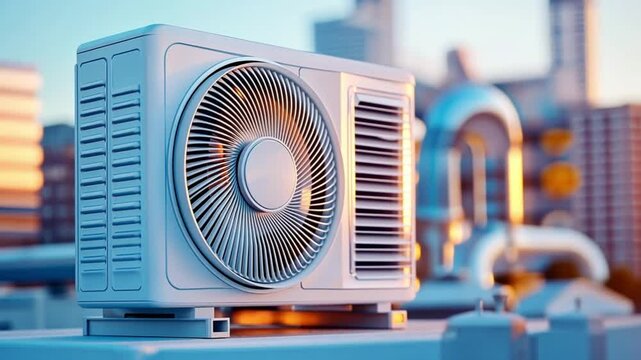 Close-up of a white air conditioning unit with a fan visible.