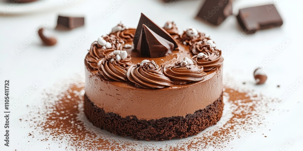 Poster delicious chocolate cake adorned with rich icing and sprinkled with cocoa powder, beautifully presen