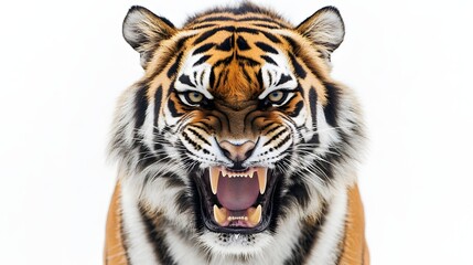 Obraz premium Close-up of a snarling tiger against a white background. Its intense gaze and bared teeth create a powerful image.
