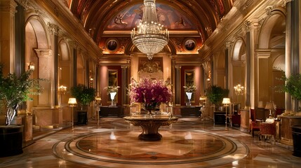 Obraz premium Luxurious hotel lobby featuring elegant decor, a chandelier, and floral arrangements.