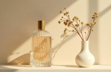Women's perfume bottle mockup and dry flowers on beige background. Natural earthy colors, copy space