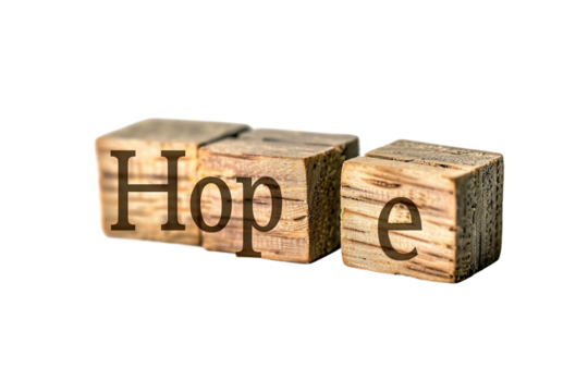 Inspirational message "Hope" displayed on wooden cubes isolated on transparent background