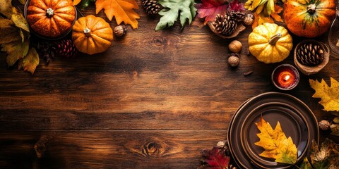 Autumn table setting displayed on a dark wooden surface from a top view perspective, showcasing a beautifully arranged autumn table setting for seasonal gatherings.