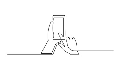 One continuous line drawing of hands holding and touch the screen of smartphone, Continuous one line drawing of a hand holding a phone or smartphone.