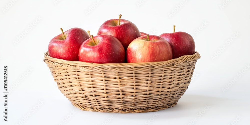 Poster fresh red apples displayed in a wicker basket, elegantly isolated against a clean white background, 