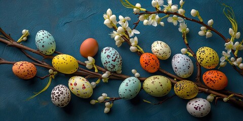 Easter holiday celebration featuring eggs and a willow tree embodies the spirit of spring, highlighting the vibrant connection between eggs, the Easter holiday, and nature s rebirth during spring.