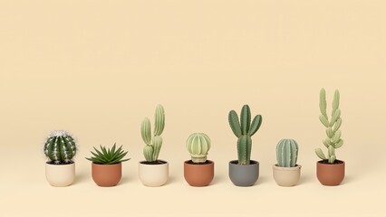 Fototapeta premium Generative AI, Minimalist Arrangement of Potted Cacti and Succulents in Soft Lighting