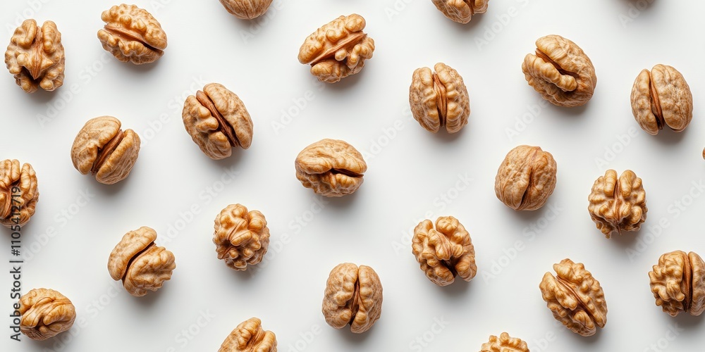 Poster a multitude of walnut seeds displayed, showcasing isolated nuts on a clean white background, offerin