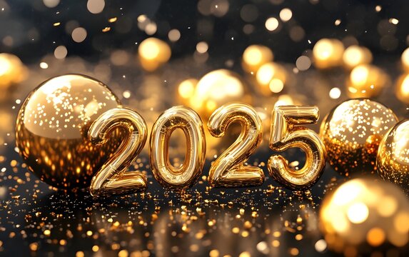 Celebrate the new year 2025 with shimmering gold decorations and sparkling lights, evoking joy and fresh beginnings.