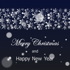 Christmas card, template design for banner, flyer, background with stripe of many different snowflakes. elegant vector illustration for invitation, poster, greeting en dark blue and white tones.