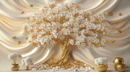 Golden tree with white flowers stands on beige background. Decorative tree made of gold, white flowers. Elegant design for wallpaper mural. White flowers enhance golden tree. Small golden decorative