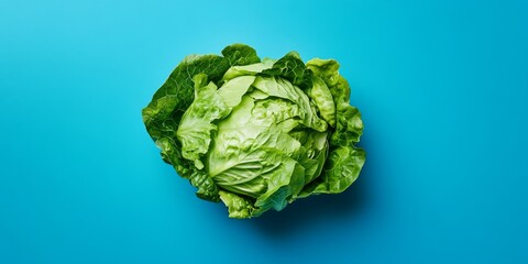 Lettuce showcased against a vibrant blue background, highlighting the freshness and texture of the lettuce in a visually appealing manner to emphasize its vibrant green color and crispness.