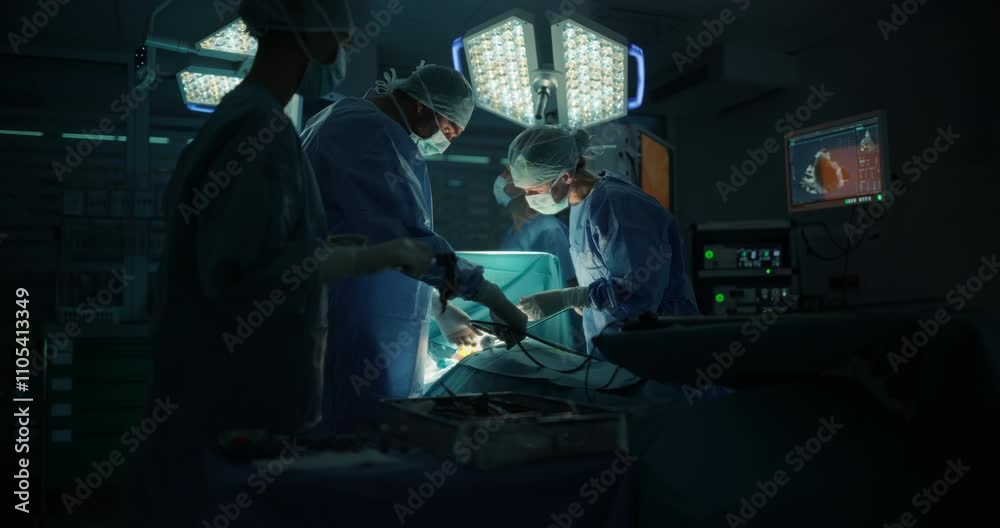 Poster Dark Operating Room with a Diverse Team Performing a Precise Surgical Procedure as Teamwork and Under Surgical Light. Female Surgeon Using Laparoscopy Instruments and Forceps for the Operation