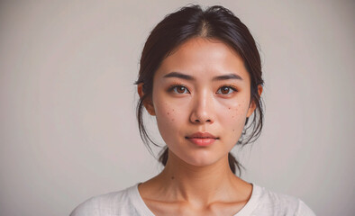 Woman with brown hair and brown eyes. She is wearing a white shirt. She has a ponytail