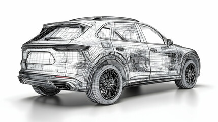 Wireframe 3D Illustration of a Modern SUV with a Detailed Body, Showing the Design of the Vehicle