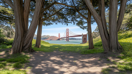 A Scenic View of the Golden Gate Bridge Framed by Lush Trees and a Grassy Clearing