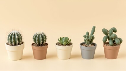 Fototapeta premium Generative AI, Minimalist Arrangement of Potted Cacti and Succulents in Soft Lighting