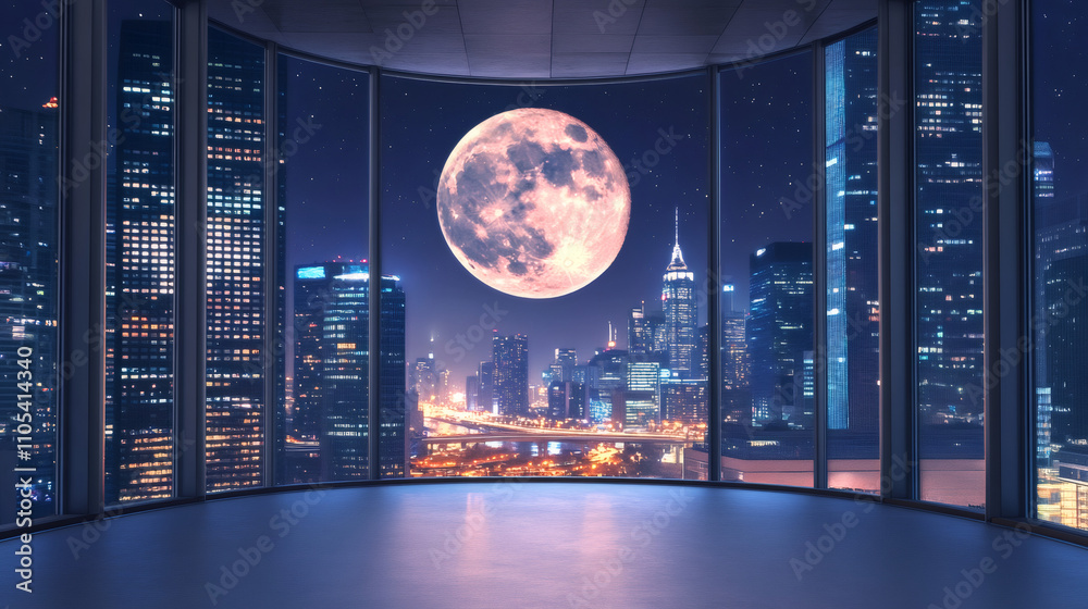 Poster modern empty office room with large windows overlooking illuminated cityscape at night with huge pin