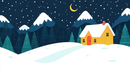 Fototapeta premium Cozy Winter Cabin in Snowy Mountains Night Scene Illustration