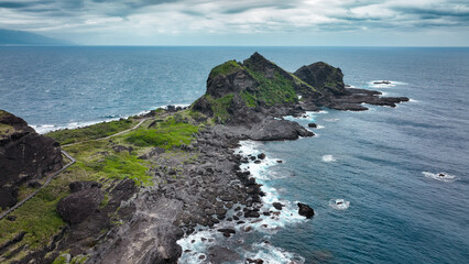 Lush coastal landscape of Taiwan with rocky cliffs and waves crashing on the shore