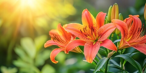 Vibrant Tiger Lily blooming in a lush garden during summer, showcasing the beauty of nature with striking Tiger Lily flowers in full bloom amidst greenery in a sunny setting.
