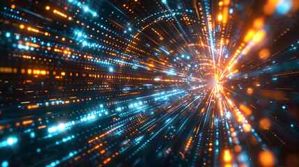 Fototapeta premium Abstract 3D Digital Tunnel of Light Streaks in Vivid Blue and Orange Hues, Radiating Energy and Speed, Futuristic Background