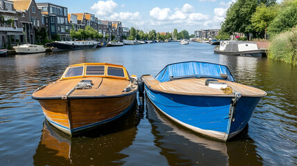 Fototapeta premium Two Vintage Boats Moored on a Calm Canal, Cityscape Background