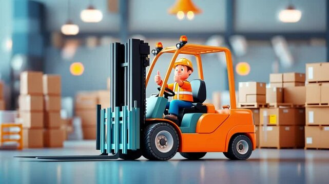 A cartoon man in a yellow hard hat drives a forklift with a thumbs up.