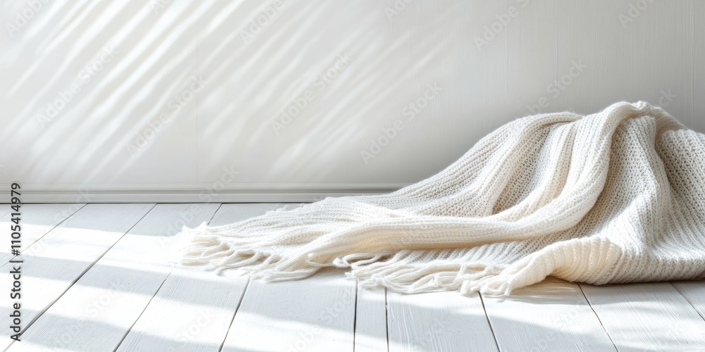 Poster softly draped white knitted blanket rests on a white wooden floor, showcasing its gentle folds, perf