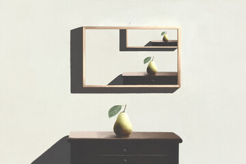 Illustration of surreal painting of a pear, optical illusion infinity loop art concept