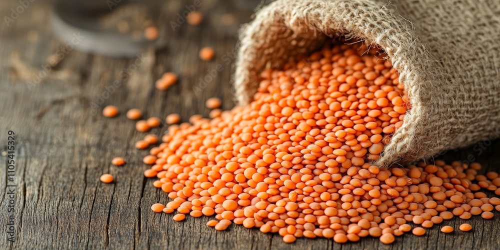 Poster red lentils displayed on a wooden table, showcasing the vibrant color and texture of red lentils, pe