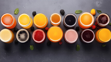 Top view of assorted fruit juices in glasses on a dark background with mint leaves and berries scattered around.