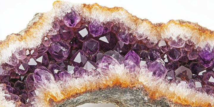Macro close up of an amethyst crystal druse showcasing its intricate textures and vivid colors against a white background, highlighting the beauty of the amethyst crystal druse in detail.