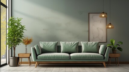 Sleek minimalist design featuring a green sofa with wooden accents. The empty wall allows for creative freedom and personalization.