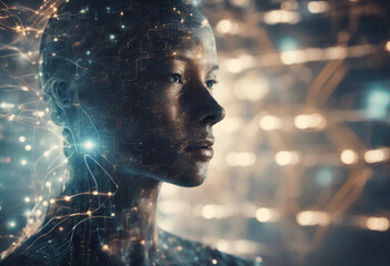 Digital artificial intelligence technology featuring a human head with interconnected neural network