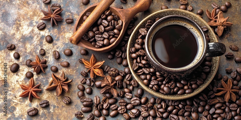 Poster a delightful cup of coffee paired with rich coffee beans creates an inviting atmosphere perfect for 