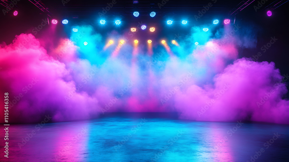 Aufkleber colorful smoke and vibrant stage spotlights creating a dramatic and atmospheric scene over a wet flo